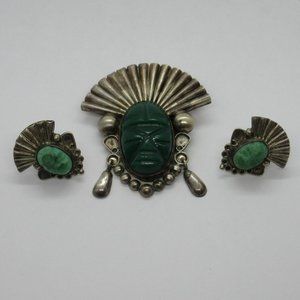 Mayan Sterling Brooch and Earring Set